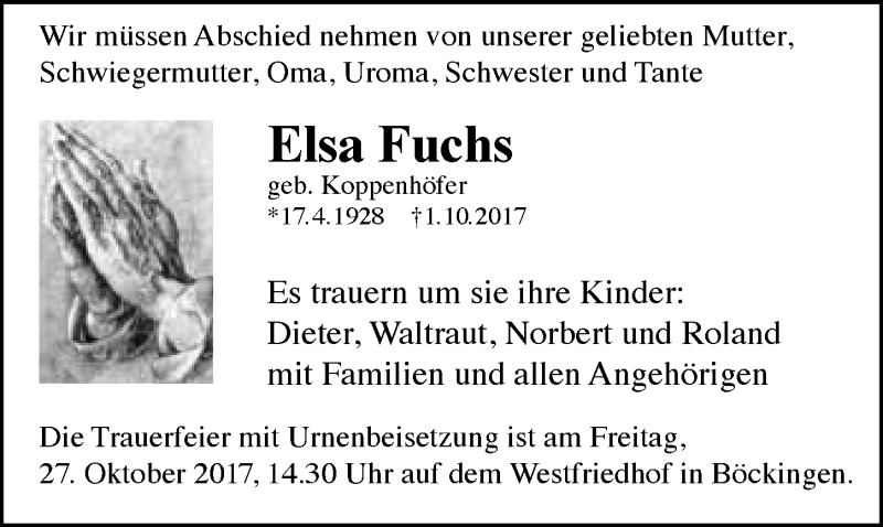  Traueranzeige für Elsa Fuchs vom 07.10.2017 aus 