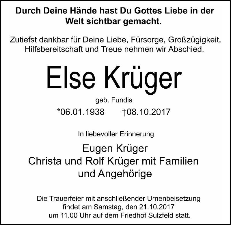  Traueranzeige für Else Krüger vom 14.10.2017 aus 