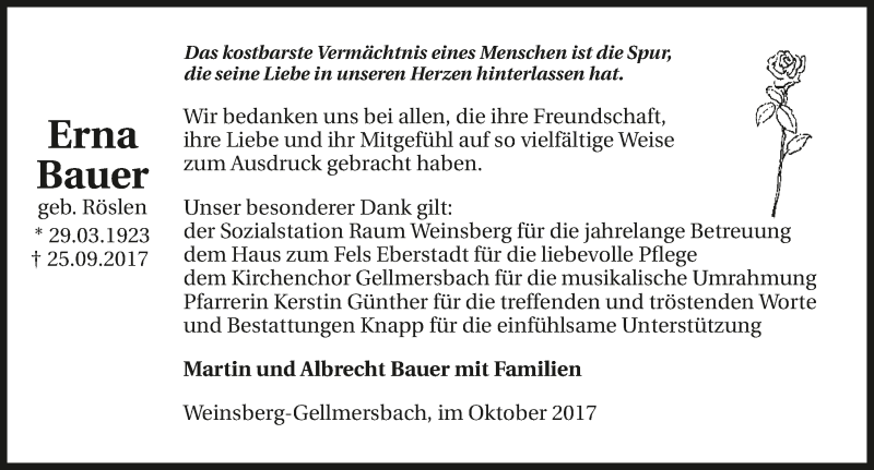  Traueranzeige für Erna Bauer vom 13.10.2017 aus 