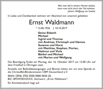 Traueranzeige von Ernst Waldmann 