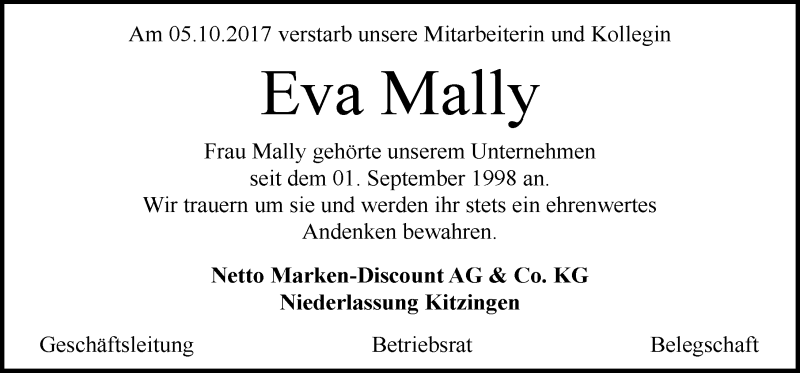  Traueranzeige für Eva Mally vom 14.10.2017 aus 