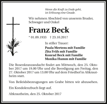 Traueranzeige von Franz Beck 
