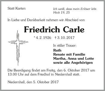 Traueranzeige von Friedrich Carle 