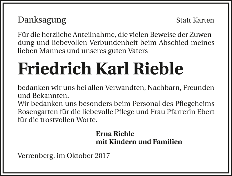  Traueranzeige für Friedrich Karl Rieble vom 06.10.2017 aus 