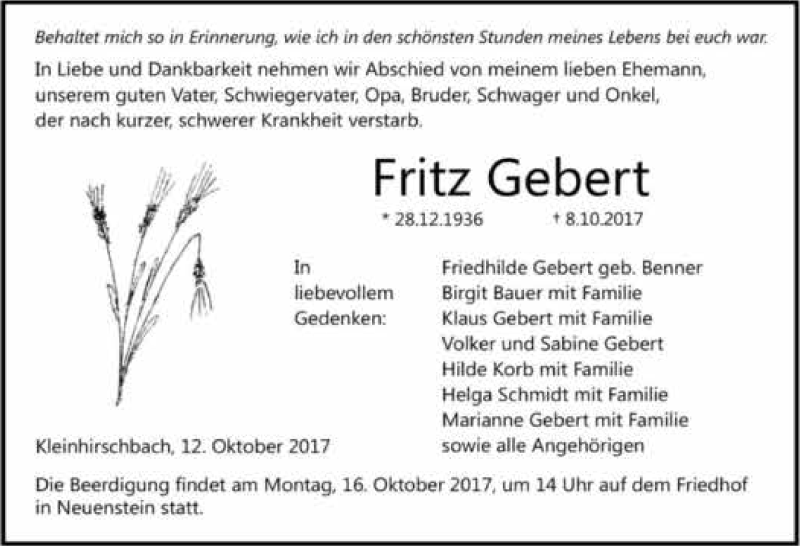  Traueranzeige für Fritz Gebert vom 12.10.2017 aus 