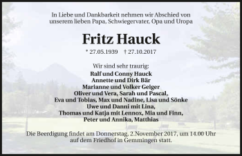 Traueranzeige von Fritz Hauck 