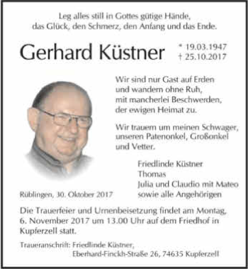 Traueranzeige von Gerhard Küstner 