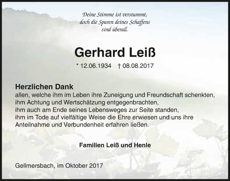  Traueranzeige für Gerhard Leiß vom 21.10.2017 aus 