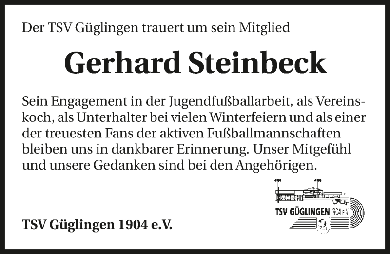  Traueranzeige für Gerhard Steinbeck vom 12.10.2017 aus 