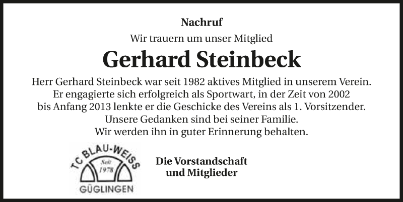  Traueranzeige für Gerhard Steinbeck vom 12.10.2017 aus 