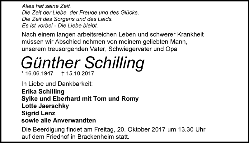  Traueranzeige für Günther Schilling vom 18.10.2017 aus 