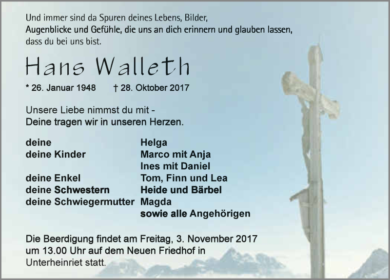  Traueranzeige für Hans Walleth vom 30.10.2017 aus 