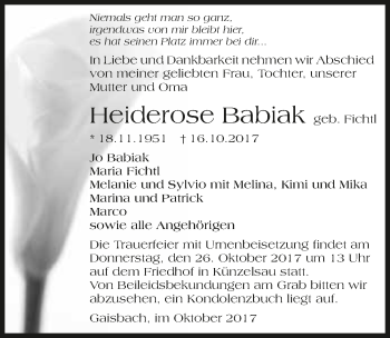 Traueranzeige von Heiderose Babiak 