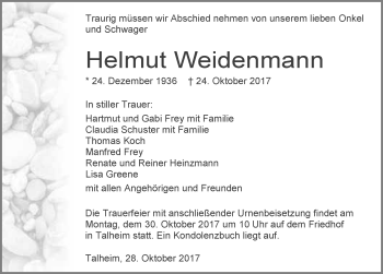 Traueranzeige von Helmut Weidenmann 
