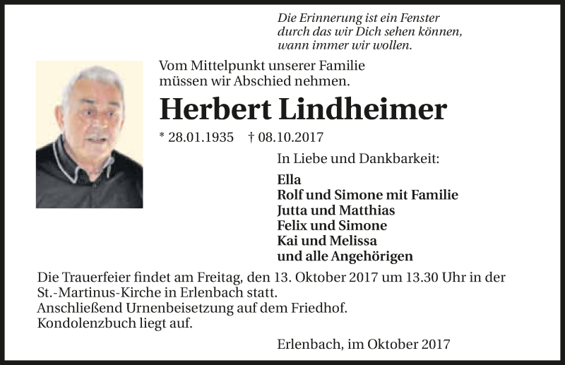  Traueranzeige für Herbert Lindheimer vom 11.10.2017 aus 