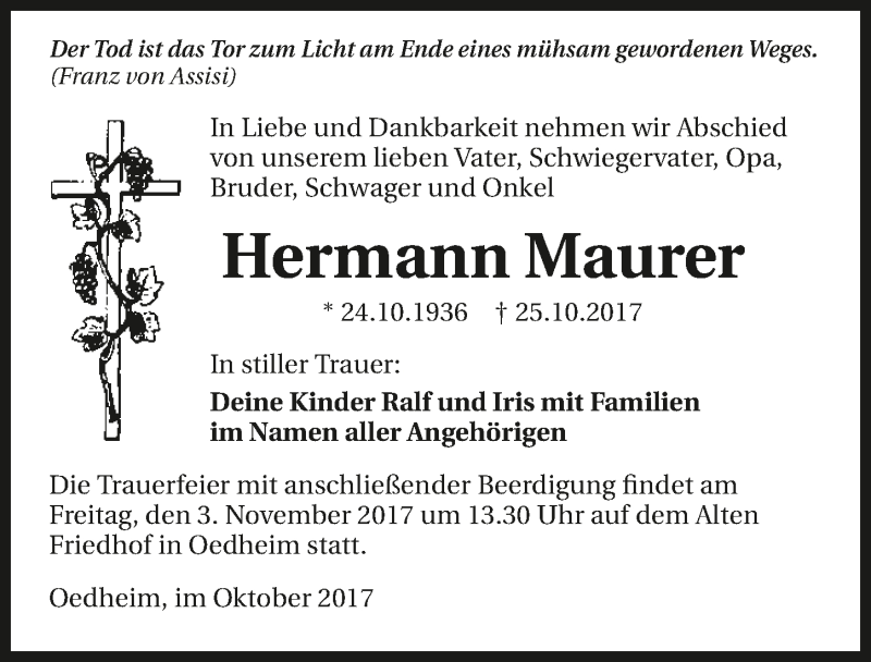  Traueranzeige für Hermann Maurer vom 28.10.2017 aus 