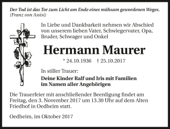 Traueranzeige von Hermann Maurer 
