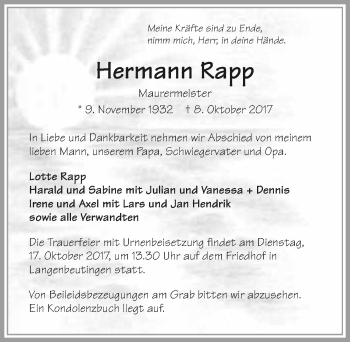 Traueranzeige von Hermann Rapp 