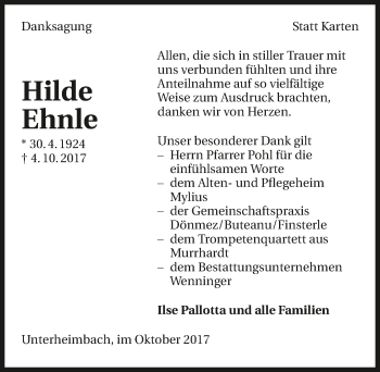 Traueranzeige von Hilde Ehnle 