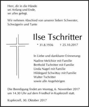 Traueranzeige von Ilse Tschritter 