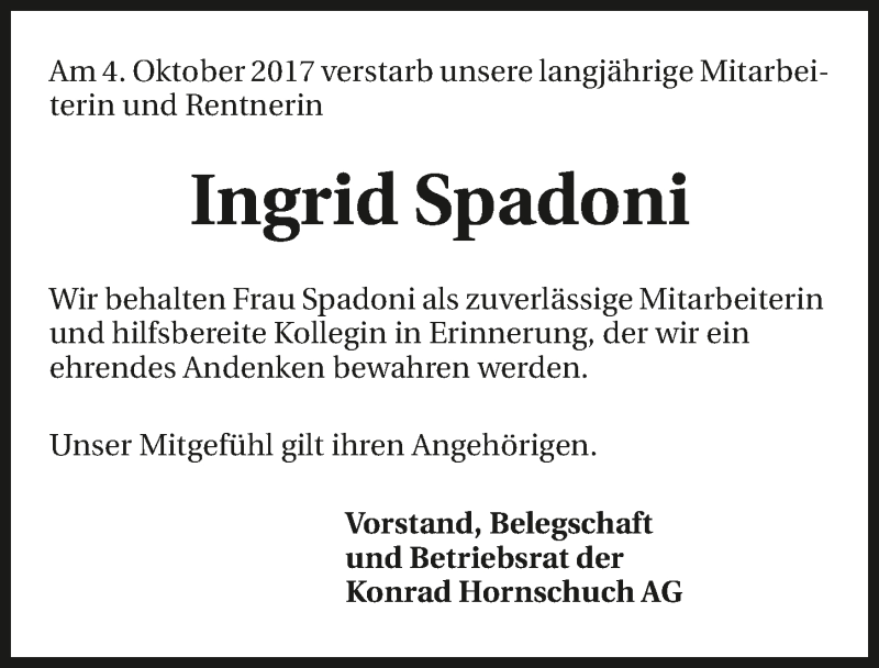  Traueranzeige für Ingrid Spadoni vom 12.10.2017 aus 