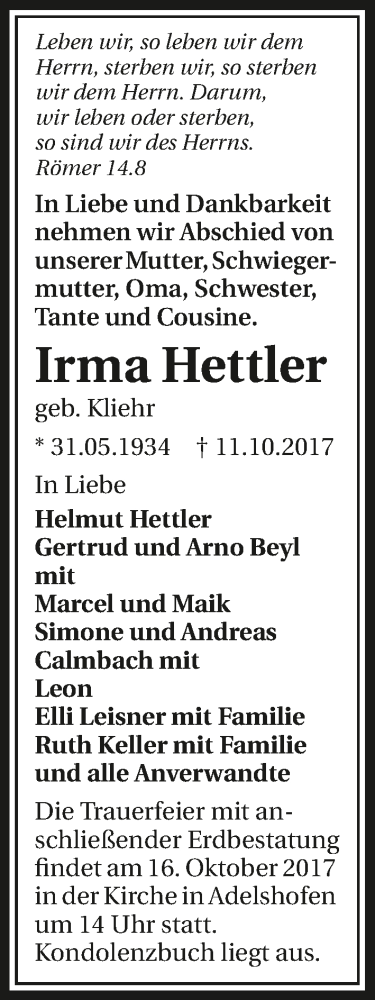  Traueranzeige für Irma Hettler vom 14.10.2017 aus 