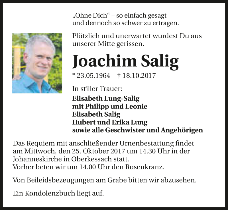  Traueranzeige für Joachim Salig vom 21.10.2017 aus 