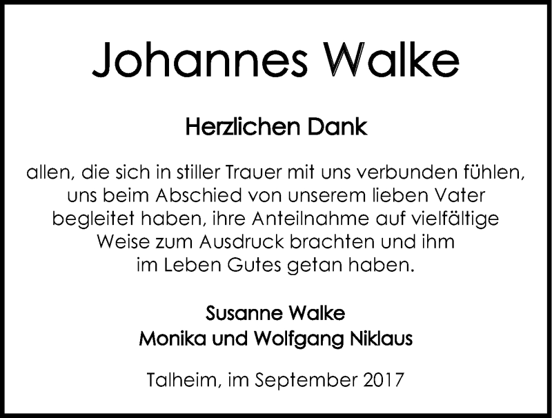  Traueranzeige für Johannes Walke vom 07.10.2017 aus 