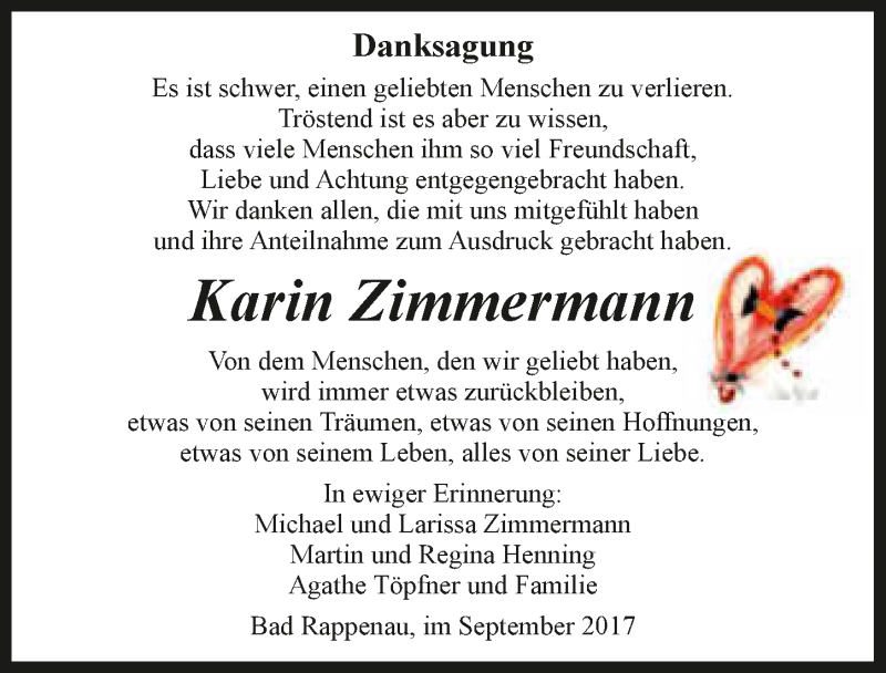  Traueranzeige für Karin Zimmermann vom 07.10.2017 aus 