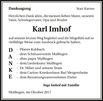 Traueranzeige von Karl Imhof 