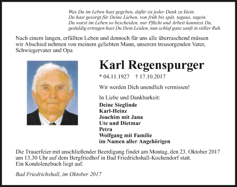  Traueranzeige für Karl Regenspurger vom 19.10.2017 aus 