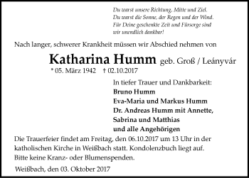 Traueranzeige von Katharina Humm 