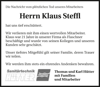 Traueranzeige von Klaus Steffl 