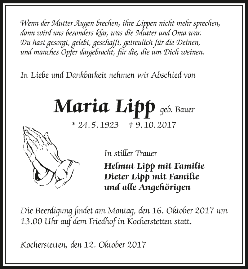  Traueranzeige für Maria Lipp vom 12.10.2017 aus 