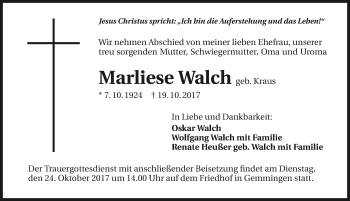 Traueranzeige von Marliese Walch 