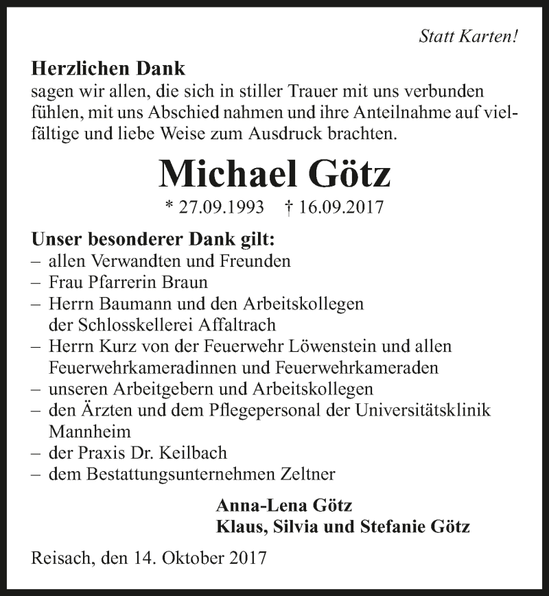  Traueranzeige für Michael Götz vom 14.10.2017 aus 