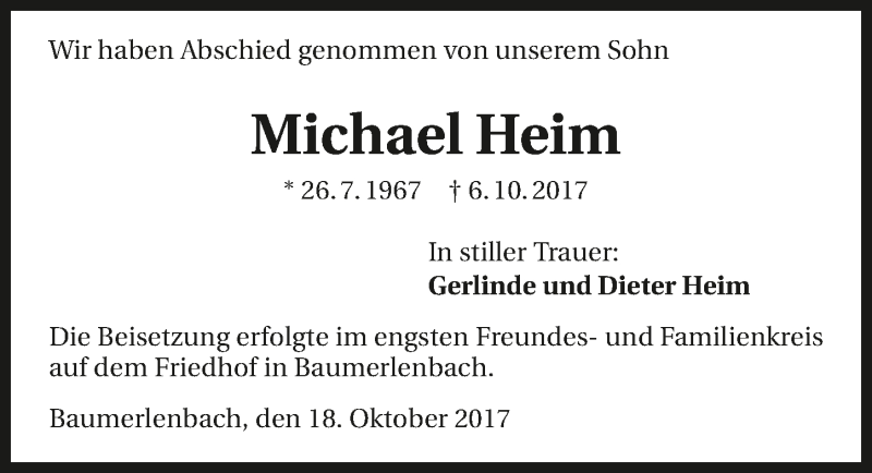 Traueranzeige für Michael Heim vom 18.10.2017 aus 