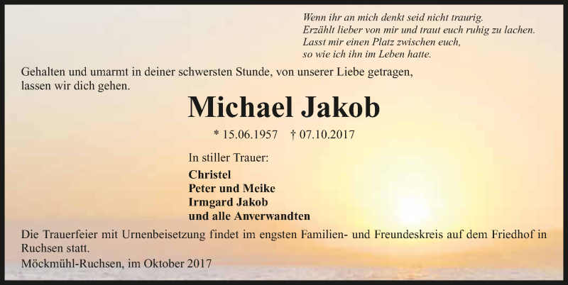  Traueranzeige für Michael Jakob vom 10.10.2017 aus 
