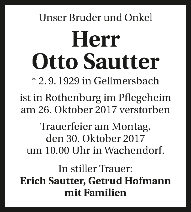  Traueranzeige für Otto Sautter vom 28.10.2017 aus 
