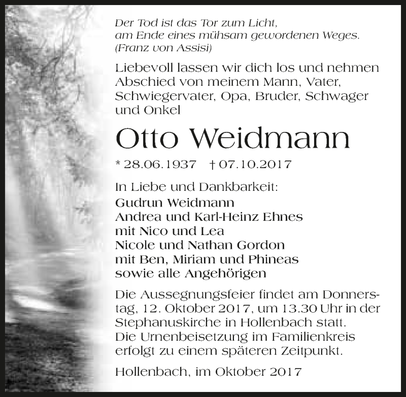  Traueranzeige für Otto Weidmann vom 10.10.2017 aus 