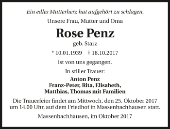 Traueranzeige von Rose Penz 