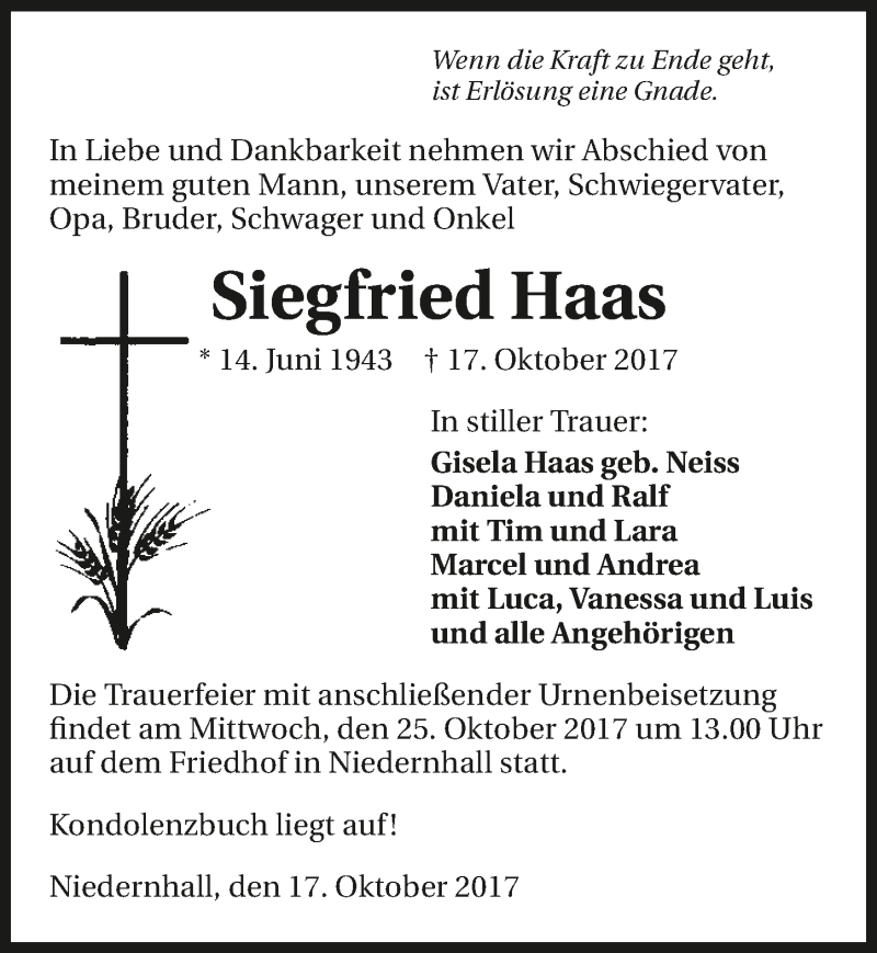  Traueranzeige für Siegfried Haas vom 21.10.2017 aus 
