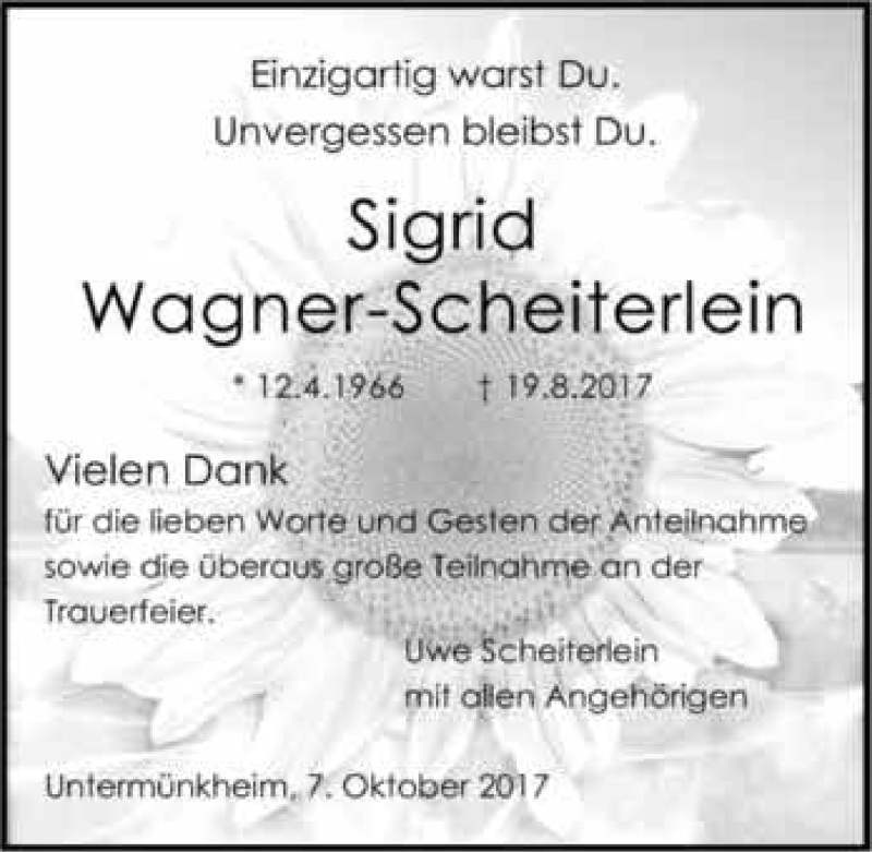  Traueranzeige für Sigrid Wagner-Scheiterlein vom 07.10.2017 aus 