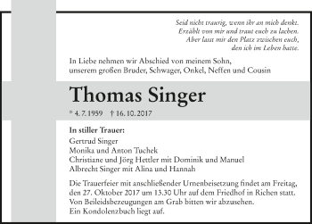 Traueranzeige von Thomas Singer 