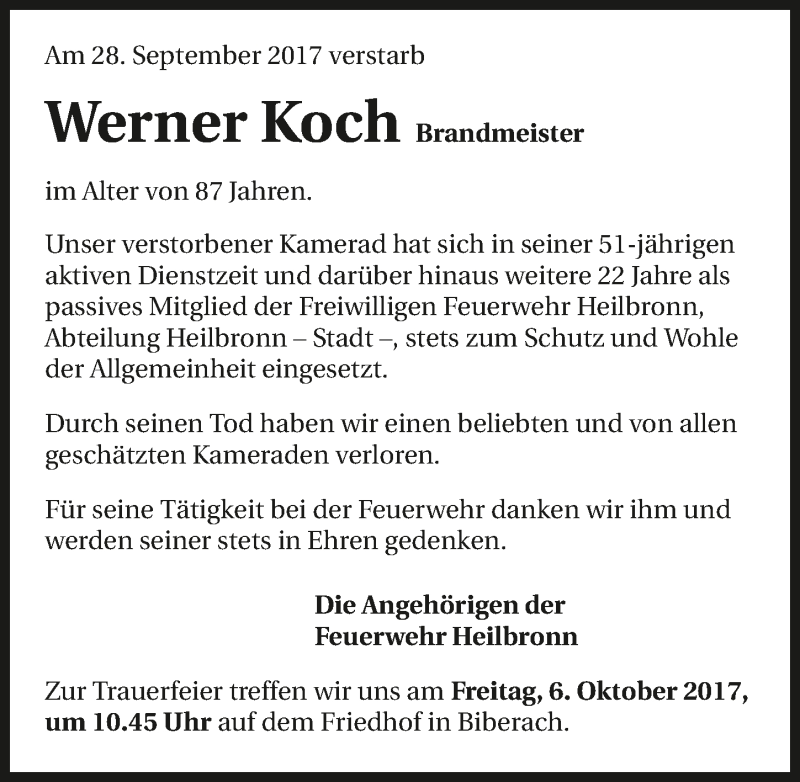  Traueranzeige für Werner Koch vom 04.10.2017 aus 