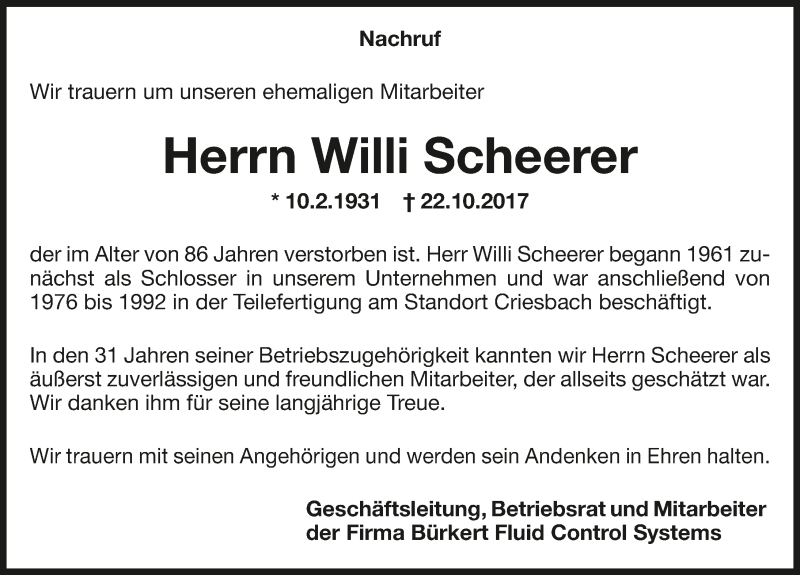  Traueranzeige für Willi Scheerer vom 30.10.2017 aus 