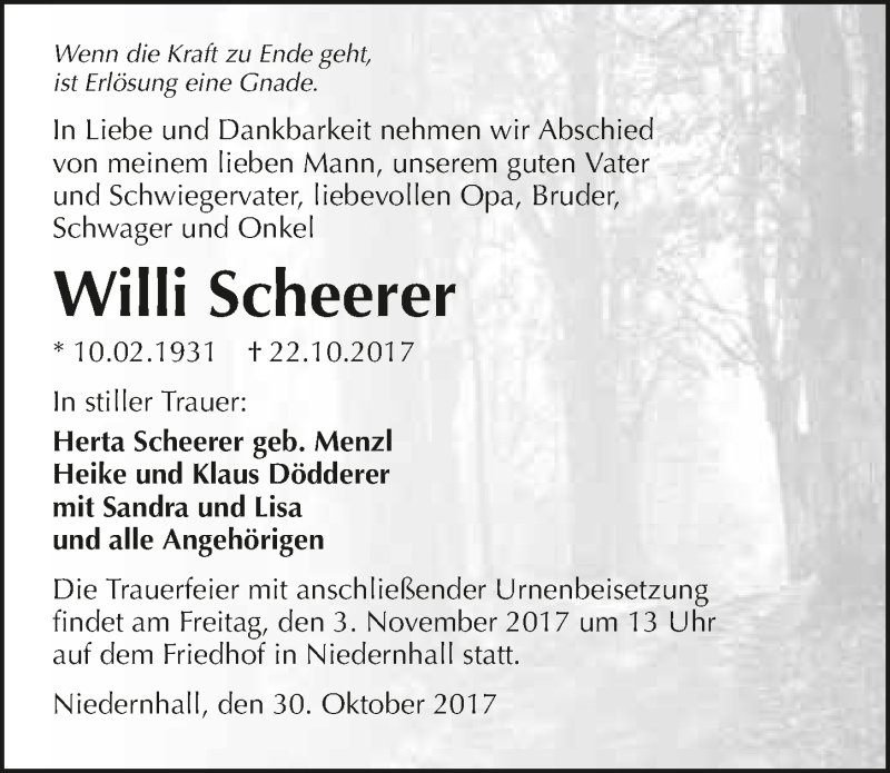  Traueranzeige für Willi Scheerer vom 30.10.2017 aus 