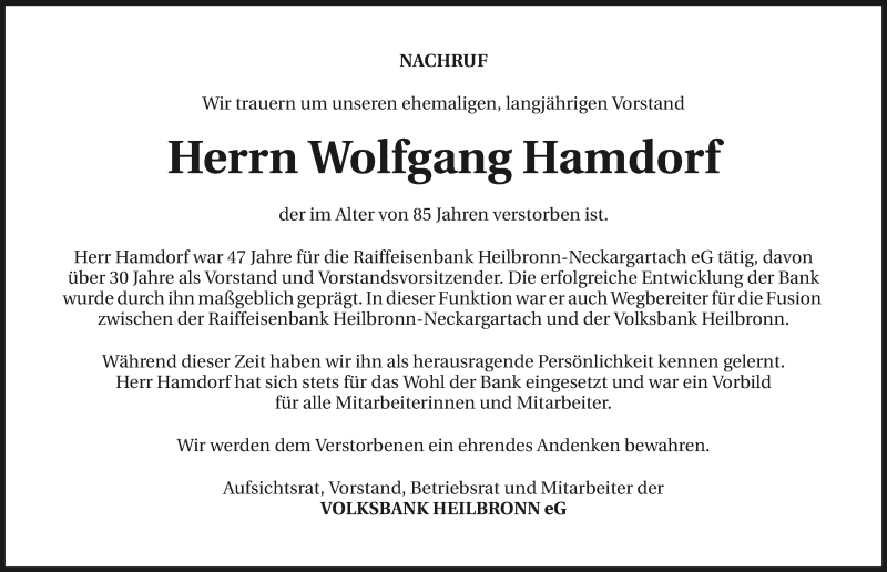  Traueranzeige für Wolfgang Hamdorf vom 14.10.2017 aus 