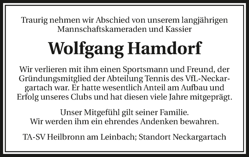  Traueranzeige für Wolfgang Hamdorf vom 17.10.2017 aus 