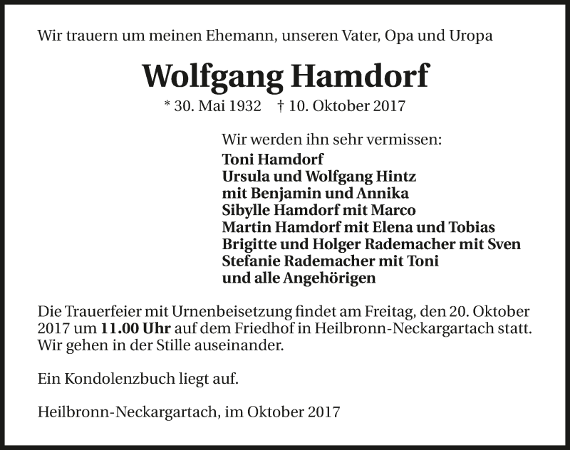  Traueranzeige für Wolfgang Hamdorf vom 14.10.2017 aus 